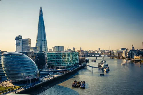 London skyline along the River Thames with The Shard, representing a prestigious UK business address for virtual office services